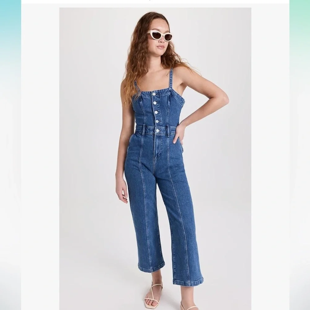 Women’s PAIGE Anessa Seamed Denim Wide Leg Cropped Jumpsuit in Delia - Picture 1 of 13